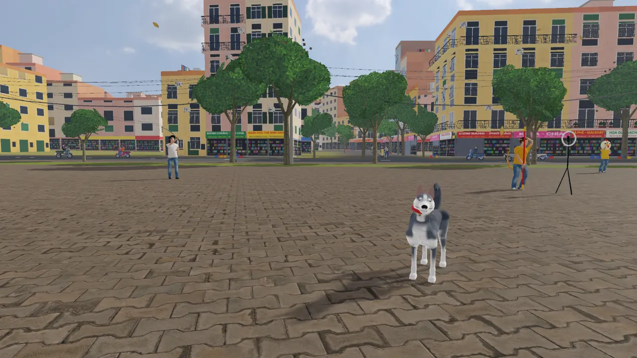 Chú chó Husky trên quảng trường gạch trong game Một Ngày Làm Chó
