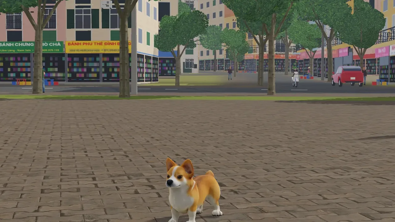 Chó Corgi trên phố làng trong game Một Ngày Làm Chó