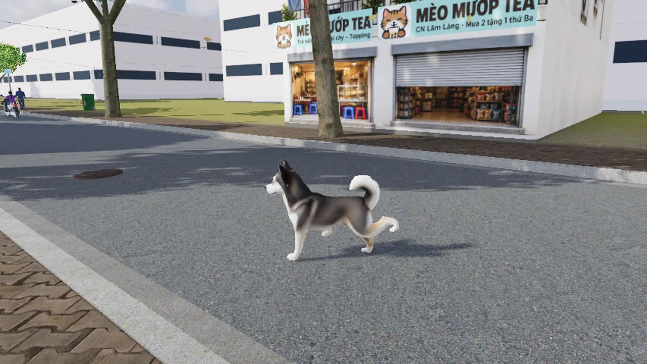 Chó Husky trên phố làng trong game Một Ngày Làm Chó