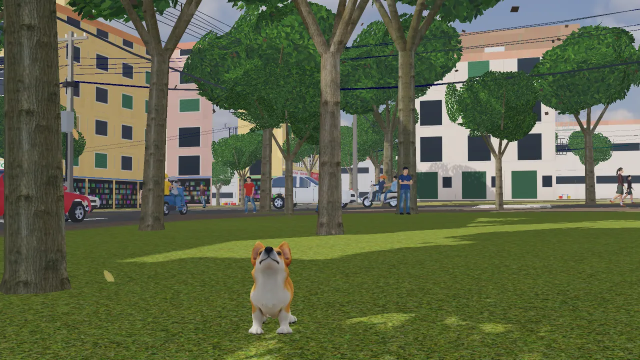 Chú chó Corgi trên bãi cỏ công viên trong game 1 Ngày Làm Chó
