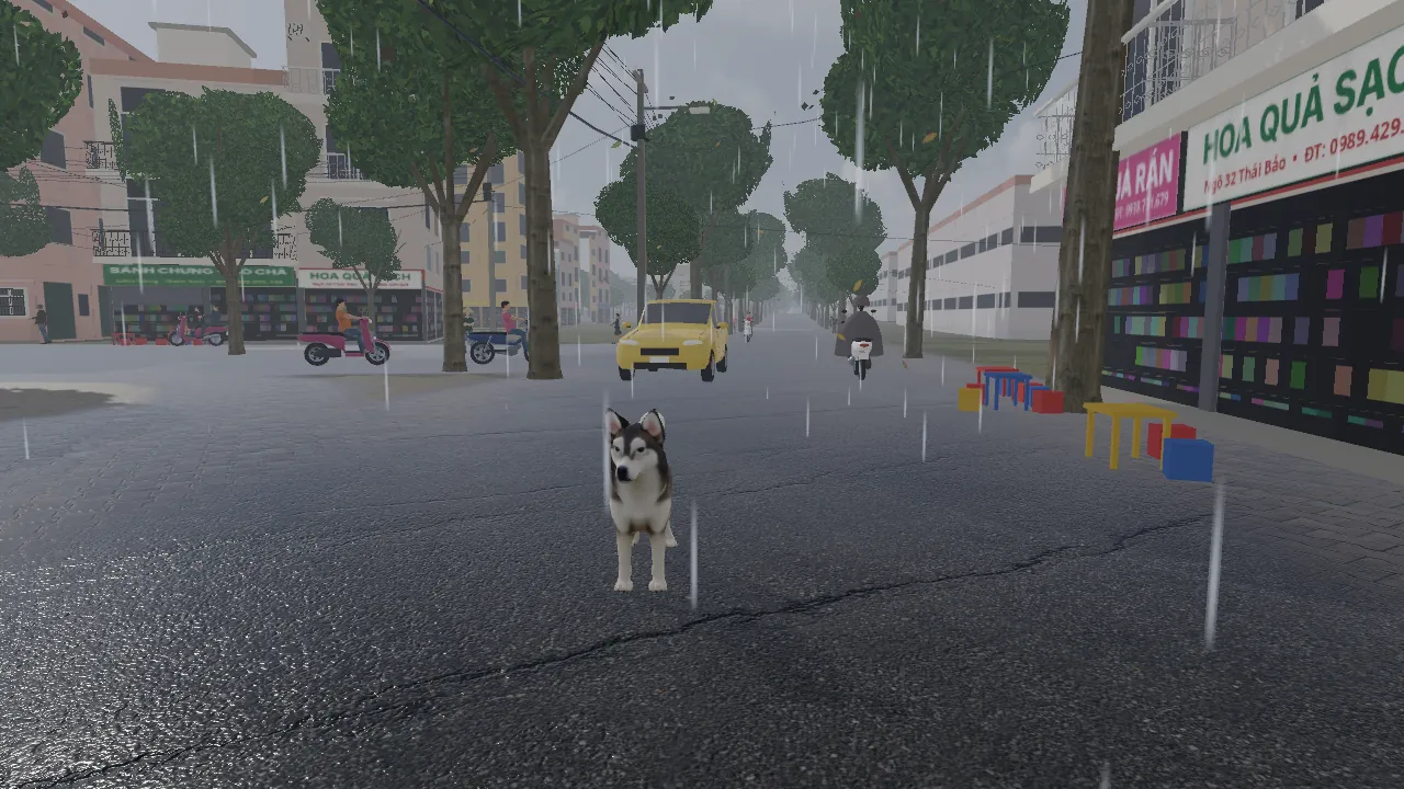 Chú chó Husky đứng giữa phố khi trời giông trong Một Ngày Làm Chó game