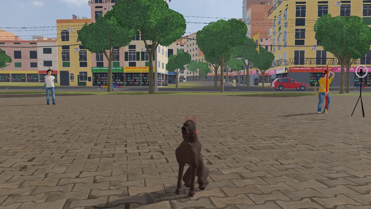 Chó Phú Quốc ngồi trên sân gạch công viên trong game giả lập làm chó Một Ngày Làm Chó